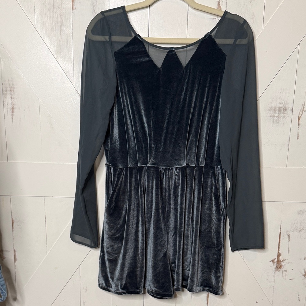 BCBG Velour Long Sleeve Romper Dusty Teal